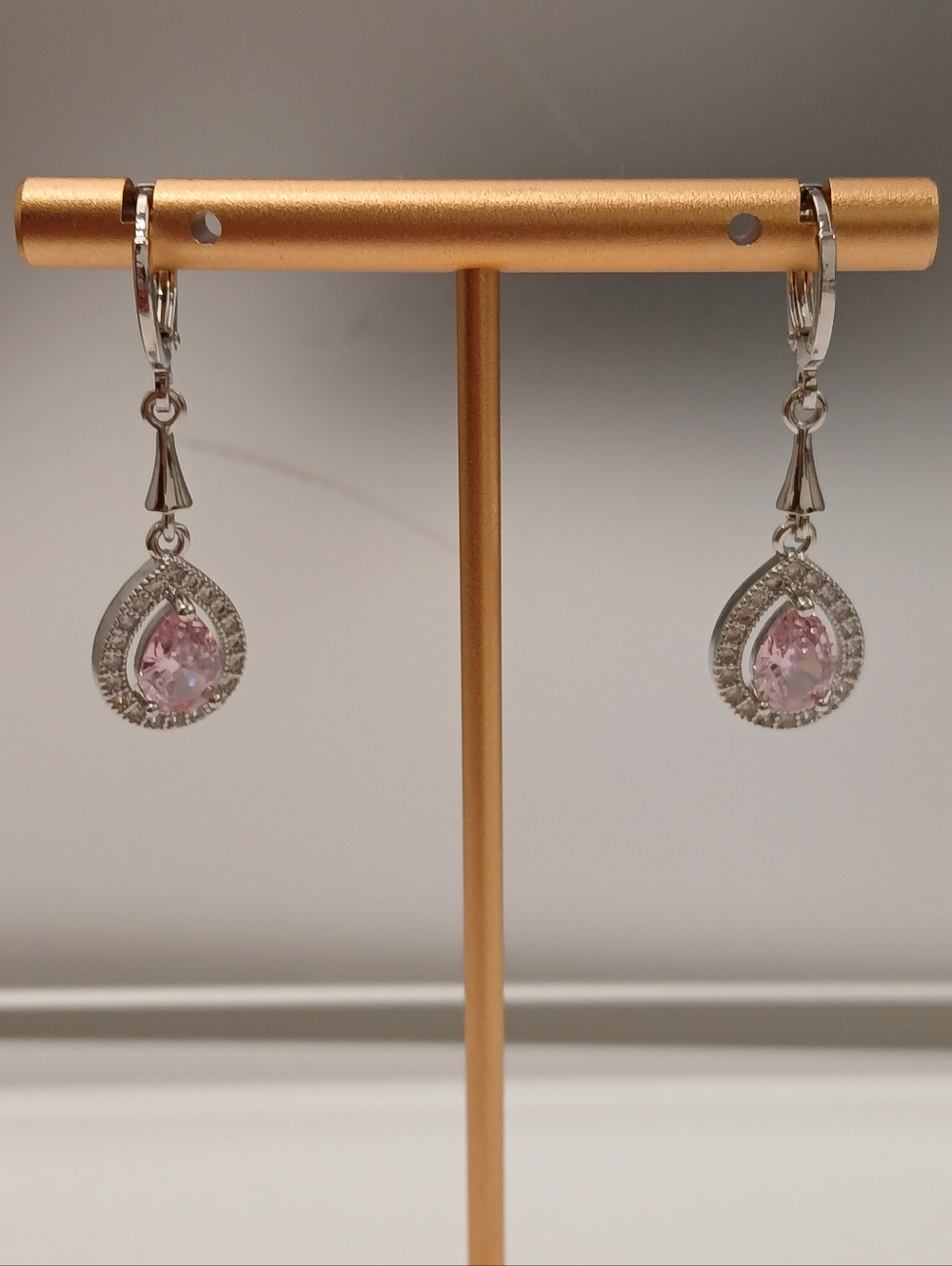 NEW! White Gold Plated Drop Earrings with Pink Teardrop Stones Pretty Bird